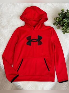 Under Armour ColdGear Boys YLG Red Pullover Hoodie Loose Fit Pockets Logo